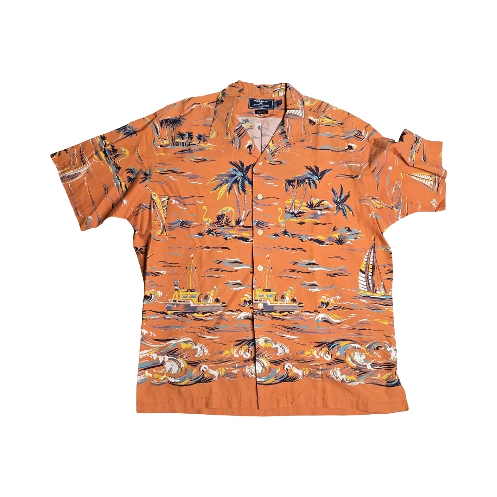 Vintage Polo Sport Ralph Lauren Hawaiian Marlin Fishing Print Men's Shirt
